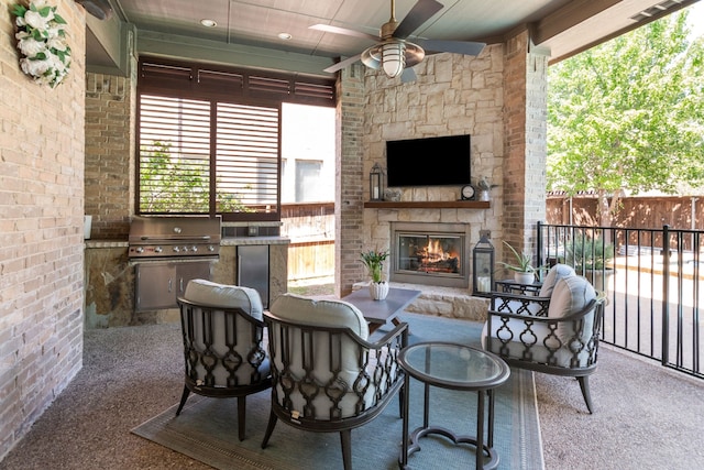2206 Glasgow Dr, Trophy Club, TX 76262 - view of patio / terrace featuring an outdoor stone fireplace and a ceiling fan