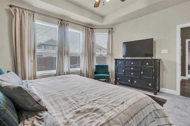 3213 Timberline Dr, Melissa, TX 75454 - bedroom featuring carpet floors, a ceiling fan, baseboards, and a raised ceiling