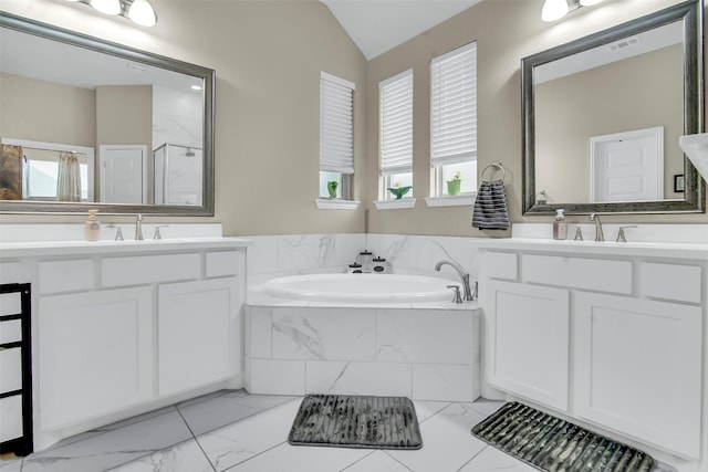 3213 Timberline Dr, Melissa, TX 75454 - full bathroom with a garden tub, visible vents, a sink, marble finish floor, and a marble finish shower