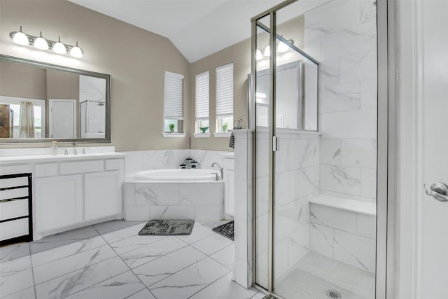 3213 Timberline Dr, Melissa, TX 75454 - full bath with vaulted ceiling, a marble finish shower, a bath, and vanity