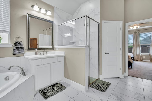 3213 Timberline Dr, Melissa, TX 75454 - full bathroom with vanity, marble finish floor, a bath, a marble finish shower, and vaulted ceiling