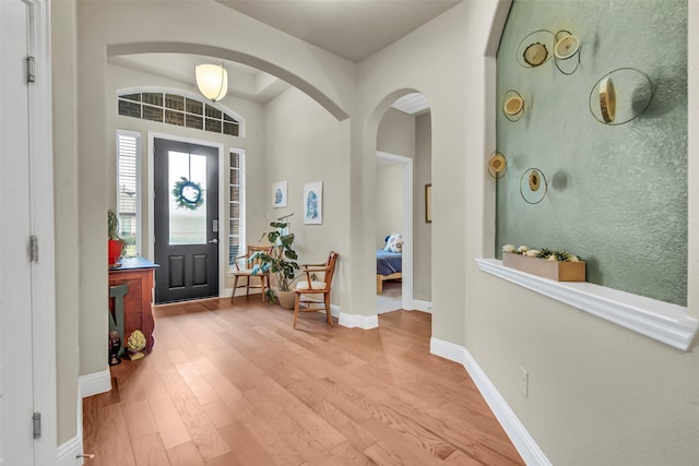 3213 Timberline Dr, Melissa, TX 75454 - entrance foyer with arched walkways, baseboards, and wood finished floors