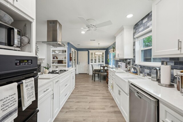 kitchen with a sink, range hood, white cabinets, a ceiling fan, and appliances with stainless steel finishes