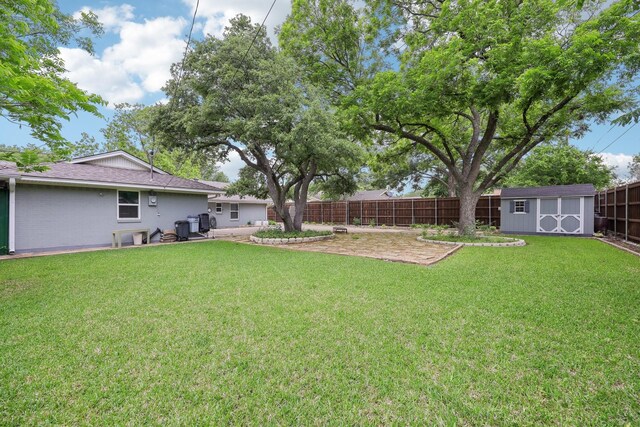 view of yard featuring a fenced backyard, a storage unit, and an outdoor structure
