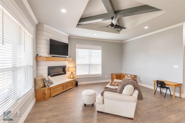 living room with light wood-style floors, baseboards, ceiling fan, and crown molding