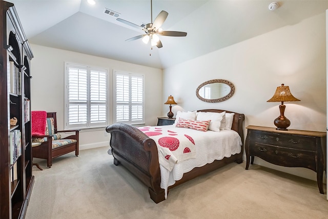 13845 Marys Ridge Rd, Fort Worth, TX 76008 - bedroom with visible vents, a ceiling fan, light colored carpet, and lofted ceiling