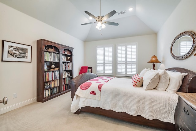 13845 Marys Ridge Rd, Fort Worth, TX 76008 - bedroom with ceiling fan, light colored carpet, baseboards, vaulted ceiling, and visible vents