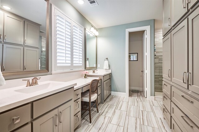 13845 Marys Ridge Rd, Fort Worth, TX 76008 - bathroom with vanity, baseboards, a shower stall, and visible vents