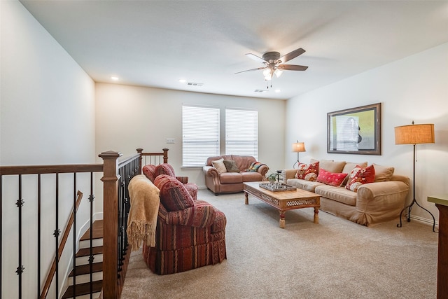 13845 Marys Ridge Rd, Fort Worth, TX 76008 - living area featuring carpet, a ceiling fan, and visible vents
