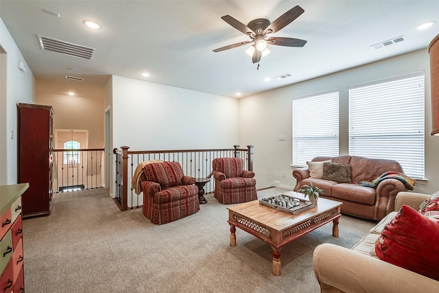 13845 Marys Ridge Rd, Fort Worth, TX 76008 - living area with ceiling fan, visible vents, light carpet, and plenty of natural light