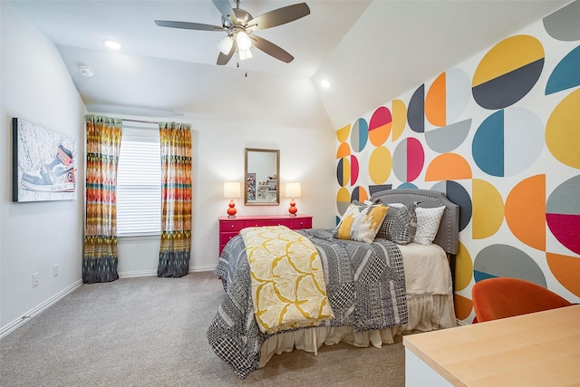 13845 Marys Ridge Rd, Fort Worth, TX 76008 - carpeted bedroom with baseboards, a ceiling fan, vaulted ceiling, and recessed lighting