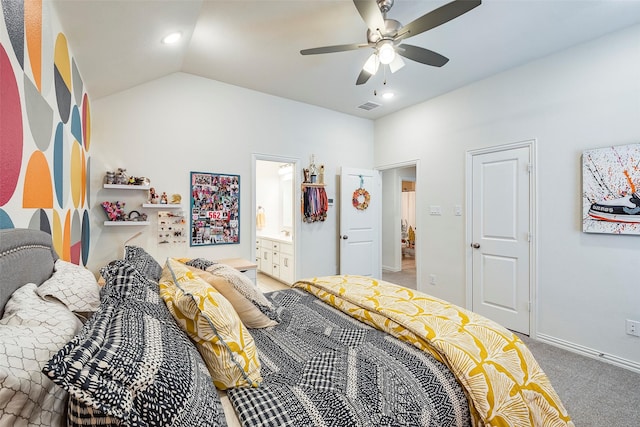 13845 Marys Ridge Rd, Fort Worth, TX 76008 - bedroom featuring ceiling fan, connected bathroom, visible vents, lofted ceiling, and light carpet