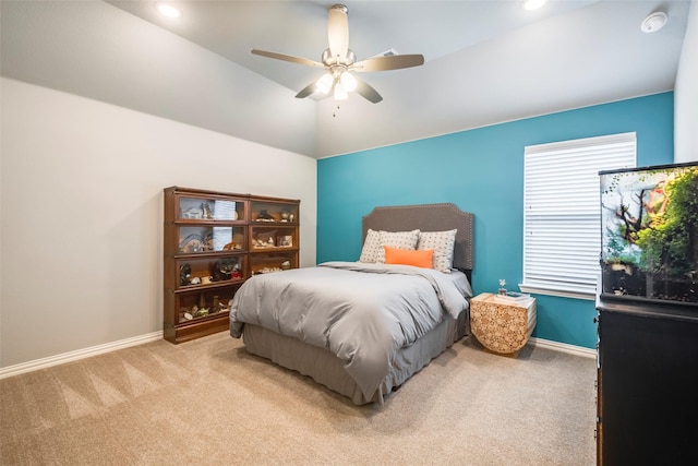 13845 Marys Ridge Rd, Fort Worth, TX 76008 - carpeted bedroom with recessed lighting, baseboards, vaulted ceiling, and ceiling fan
