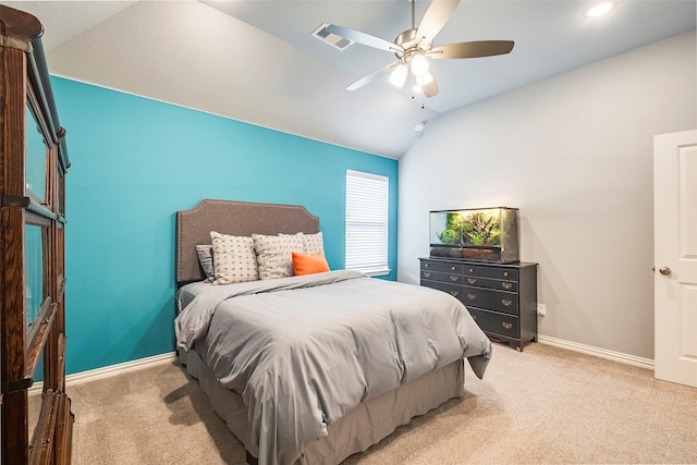 13845 Marys Ridge Rd, Fort Worth, TX 76008 - carpeted bedroom with baseboards, vaulted ceiling, ceiling fan, and visible vents