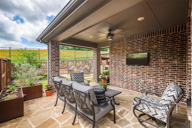 13845 Marys Ridge Rd, Fort Worth, TX 76008 - view of patio / terrace with a ceiling fan, an outdoor hangout area, and a fenced backyard
