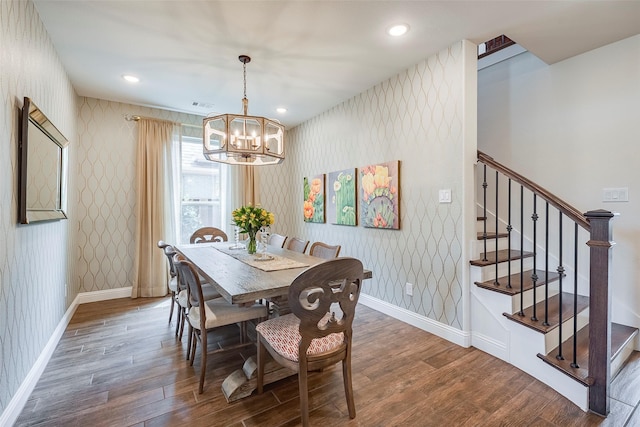 13845 Marys Ridge Rd, Fort Worth, TX 76008 - dining room with an inviting chandelier, stairs, wood finished floors, baseboards, and wallpapered walls