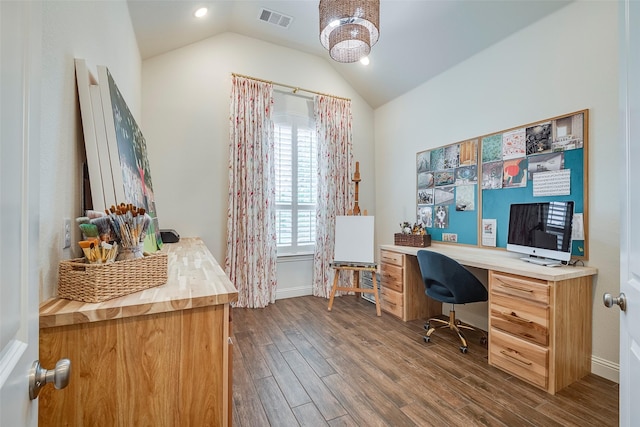 13845 Marys Ridge Rd, Fort Worth, TX 76008 - office with baseboards, visible vents, dark wood-style floors, and lofted ceiling