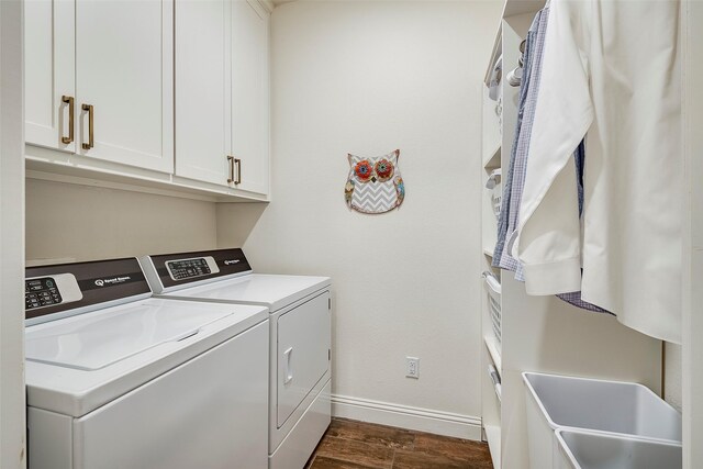 13845 Marys Ridge Rd, Fort Worth, TX 76008 - laundry room with separate washer and dryer, dark wood finished floors, cabinet space, and baseboards