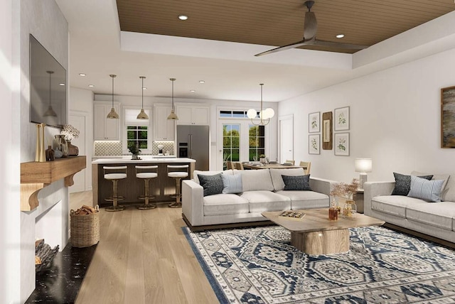 OttoTBD Thompson Road, Weatherford, TX 76087 - living area featuring ceiling fan, a tray ceiling, recessed lighting, and light wood-style flooring