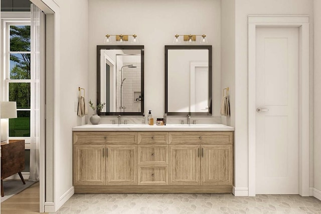 OttoTBD Thompson Road, Weatherford, TX 76087 - bathroom with double vanity, a sink, baseboards, and tiled shower