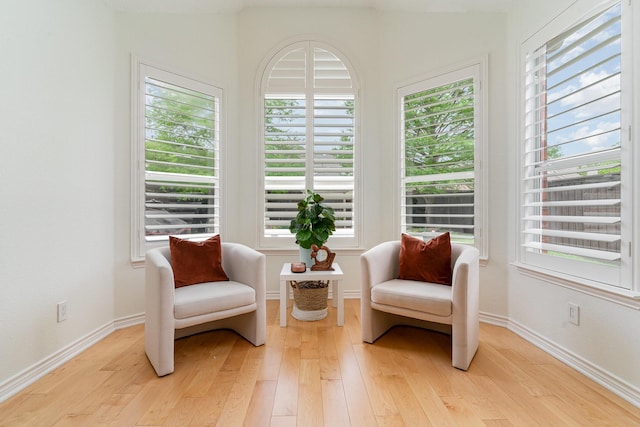 living area with baseboards, light wood-style flooring, and a wealth of natural light