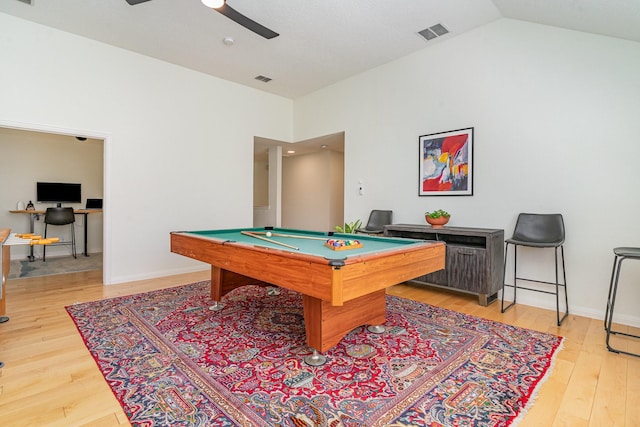 recreation room featuring visible vents, light wood-style floors, ceiling fan, high vaulted ceiling, and billiards
