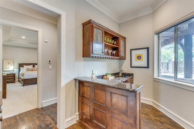 bar featuring crown molding, dark wood-style flooring, baseboards, and a bar