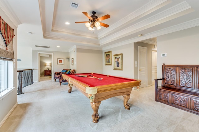 playroom with visible vents, a ceiling fan, light colored carpet, a tray ceiling, and billiards