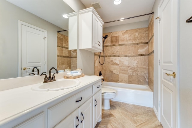 full bath with vanity, toilet, recessed lighting,  shower combination, and visible vents