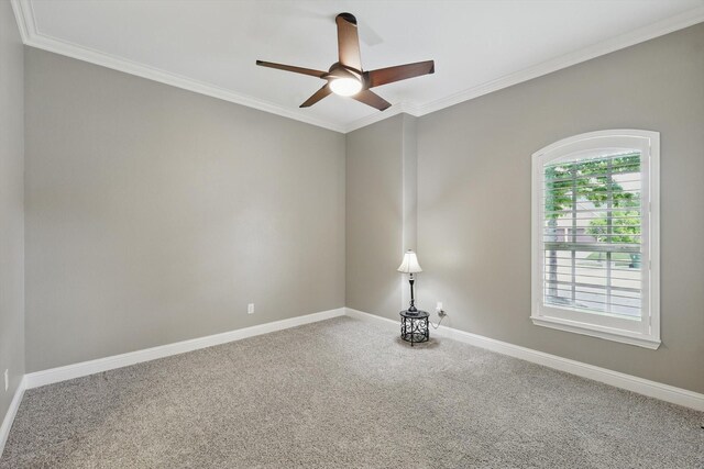 spare room featuring carpet floors, ornamental molding, baseboards, and ceiling fan