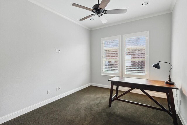 office featuring crown molding, baseboards, dark colored carpet, recessed lighting, and a ceiling fan