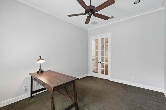 unfurnished office with french doors, carpet, ceiling fan, and baseboards