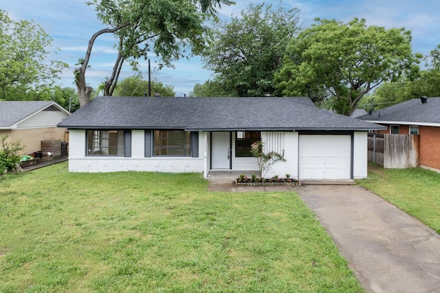 single story home featuring a front yard, a garage, fence, aphalt driveway, and a shingled roof