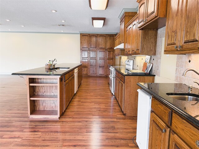 kitchen with a sink, white dishwasher, under cabinet range hood, and double oven range
