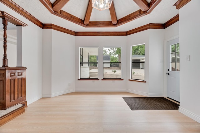 interior space with light wood-type flooring and ornamental molding