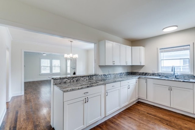 kitchen with light stone counters, a sink, a peninsula, white cabinetry, and dark wood-type flooring