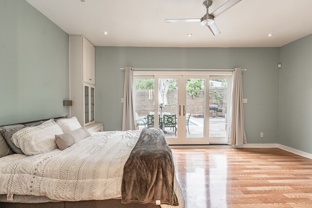 bedroom with ceiling fan, french doors, access to exterior, baseboards, and light wood-style floors
