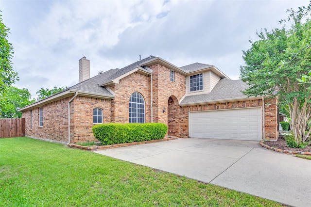 traditional home featuring a front yard, roof with shingles, a chimney, brick siding, and concrete driveway