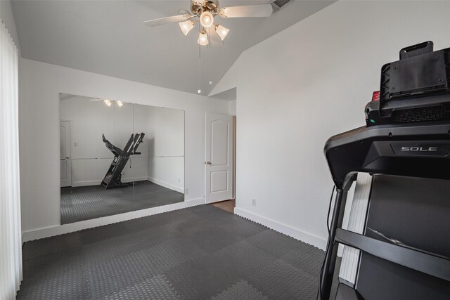 workout area with carpet flooring, ceiling fan, visible vents, baseboards, and vaulted ceiling