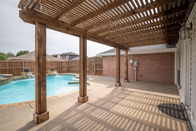 view of pool featuring a fenced backyard, a fenced in pool, a pergola, and a patio