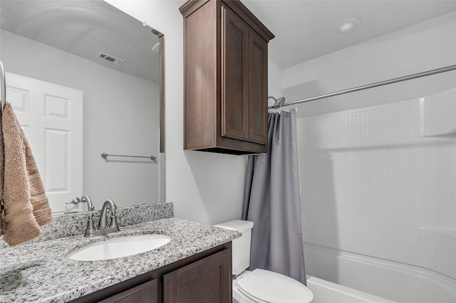 full bathroom featuring visible vents, shower / bathtub combination with curtain, toilet, and vanity
