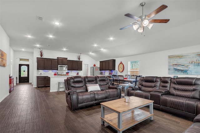 living room with dark wood finished floors, a ceiling fan, recessed lighting, lofted ceiling, and visible vents