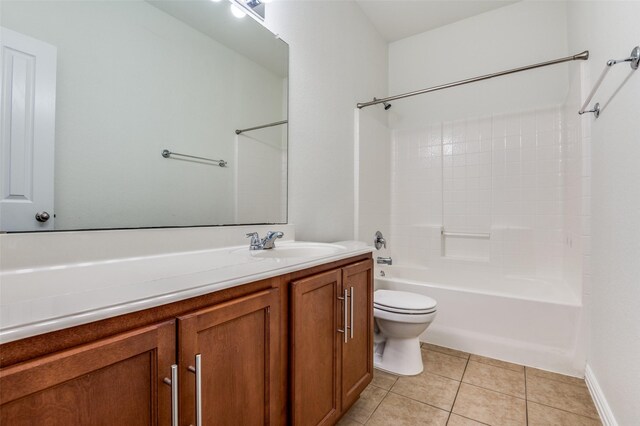 bathroom featuring tile patterned flooring, shower / tub combination, toilet, and vanity