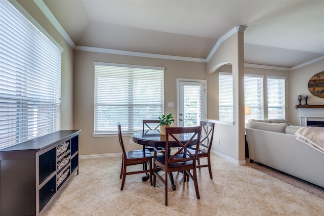 dining area with crown molding, baseboards, and a wealth of natural light