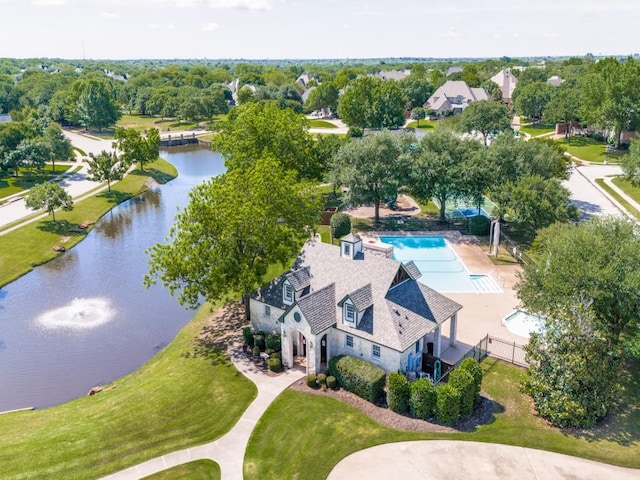 aerial view of a large body of water and a pool