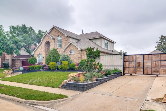 view of front of home with brick siding, roof with shingles, and a front lawn