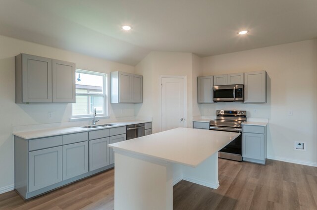 kitchen with light wood-type flooring, a sink, gray cabinets, and stainless steel appliances