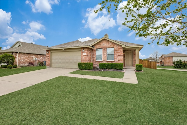 ranch-style home with a shingled roof, brick siding, a garage, a front yard, and concrete driveway