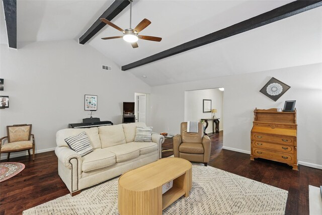 living room with visible vents, wood finished floors, baseboards, ceiling fan, and lofted ceiling with beams