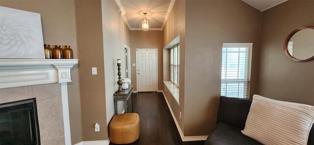 interior space featuring baseboards, crown molding, wood finished floors, and a tile fireplace